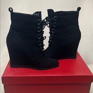 Charles Jourdan Ebony Lace-Up Wedge Boots